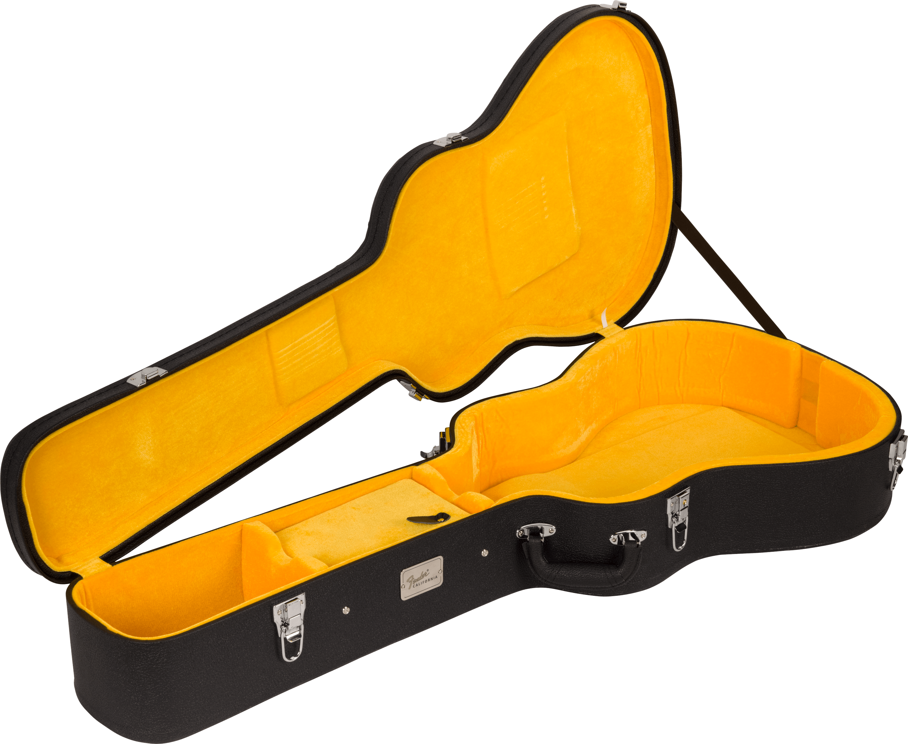 Black hard acoustic guitar case open to reveal bright yellow plush interior, with metal latches, handle, and an interior accessory compartment.