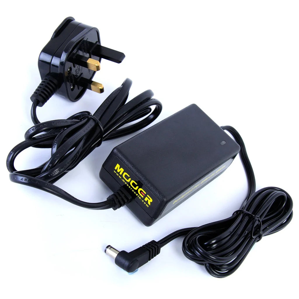 Black rectangular power supply with UK three-pin plug and a long cable ending in a barrel connector, labeled "MOOER" in yellow text.