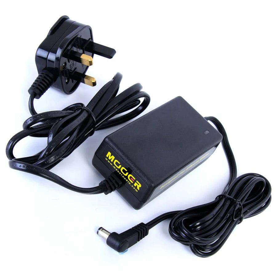 Black rectangular power supply with UK three-pin plug and a long cable ending in a barrel connector, labeled "MOOER" in yellow text.