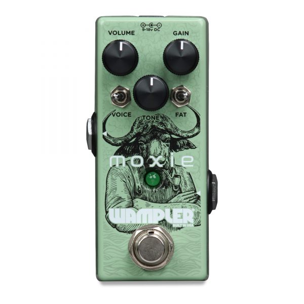 Light green Wampler Moxie effects pedal with three black knobs, two toggle switches, a footswitch, and an illustrated bull in overalls on the face.