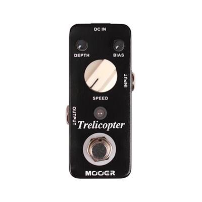 Mooer Trelicopter effects pedal with depth, bias, and speed controls, one footswitch, input, and output jacks, in a compact black rectangular design.