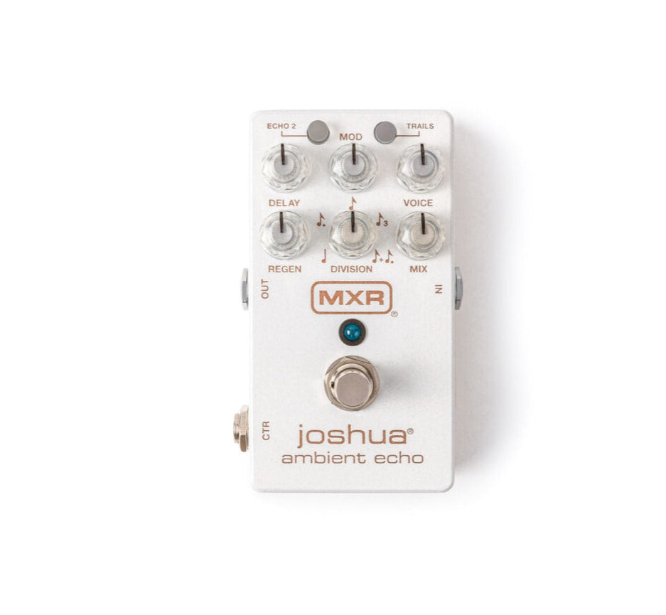 White effects pedal labeled "joshua ambient echo" with six silver knobs, a footswitch, input and output jacks, and a small blue indicator light.