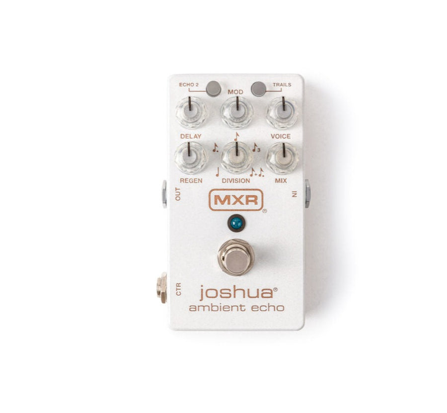 White effects pedal labeled "joshua ambient echo" with six silver knobs, a footswitch, input and output jacks, and a small blue indicator light.