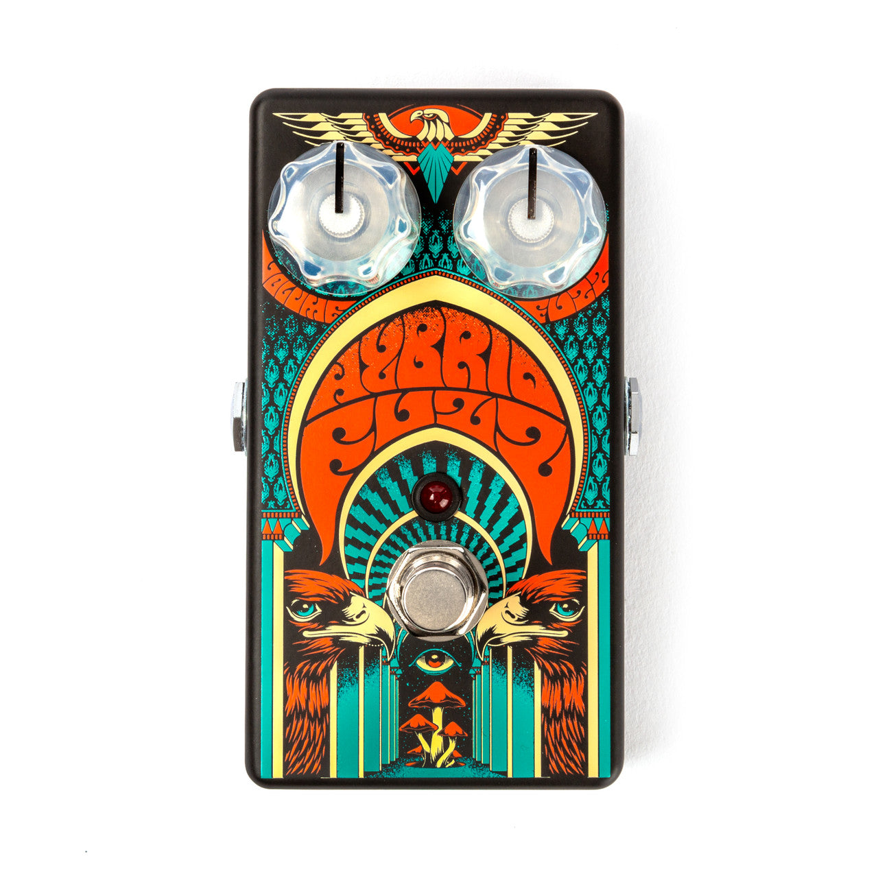 Guitar FX pedal with psychedelic art, two clear knobs, a footswitch, and illustrations of eagles and an all-seeing eye on a colorful background.