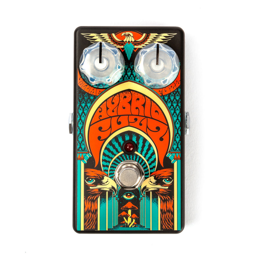 Guitar FX pedal with psychedelic art, two clear knobs, a footswitch, and illustrations of eagles and an all-seeing eye on a colorful background.