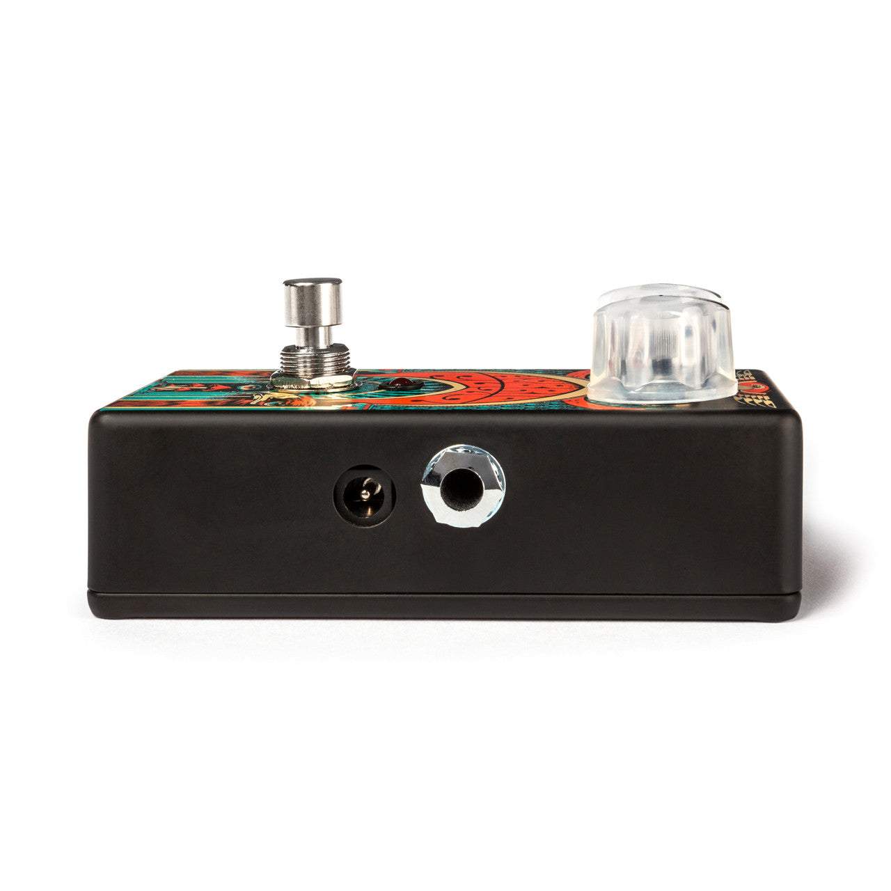 FX pedal with a black casing, one clear knob, a footswitch, a power input, and a quarter-inch jack, featuring colorful artwork on top.