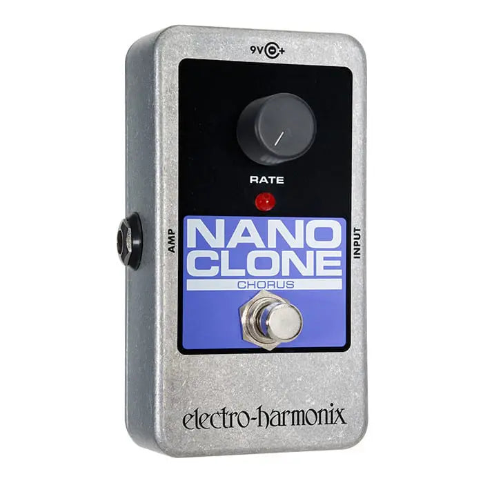 Electro-Harmonix Nano Clone Chorus guitar effects pedal with one knob labeled Rate, a footswitch, and input/output jacks.