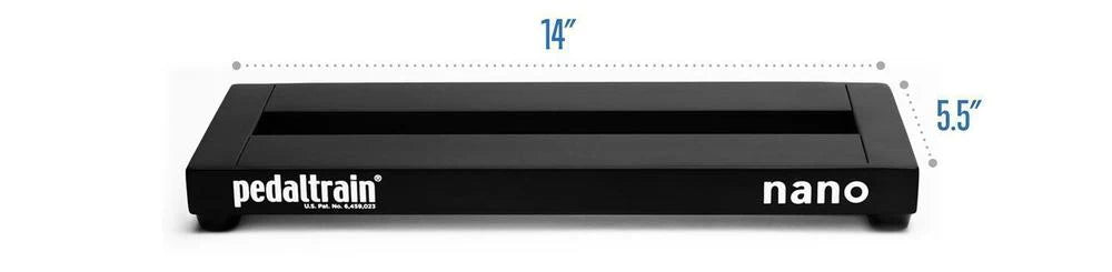 Rectangular Pedaltrain Nano pedalboard, black metal with open slots, measuring 14 inches wide and 5.5 inches deep.