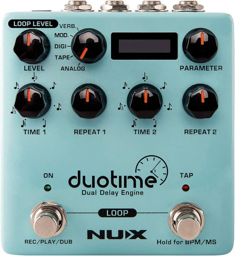 Light blue NUX duotime FX pedal with six black knobs, a small screen, two silver footswitches, and various labels for delay, repeat, and loop controls.