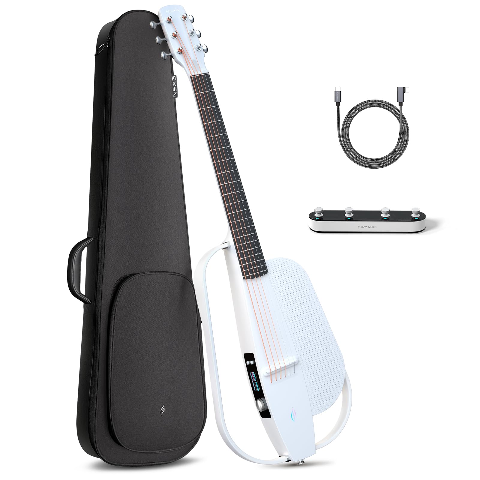Modern white electric guitar with minimalist open body, black gig bag, black footswitch with four knobs, and a USB cable.