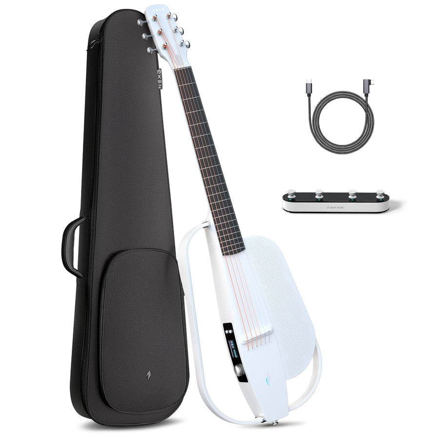 Modern white electric guitar with minimalist open body, black gig bag, black footswitch with four knobs, and a USB cable.