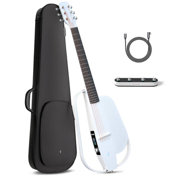 Modern white electric guitar with minimalist open body, black gig bag, black footswitch with four knobs, and a USB cable.