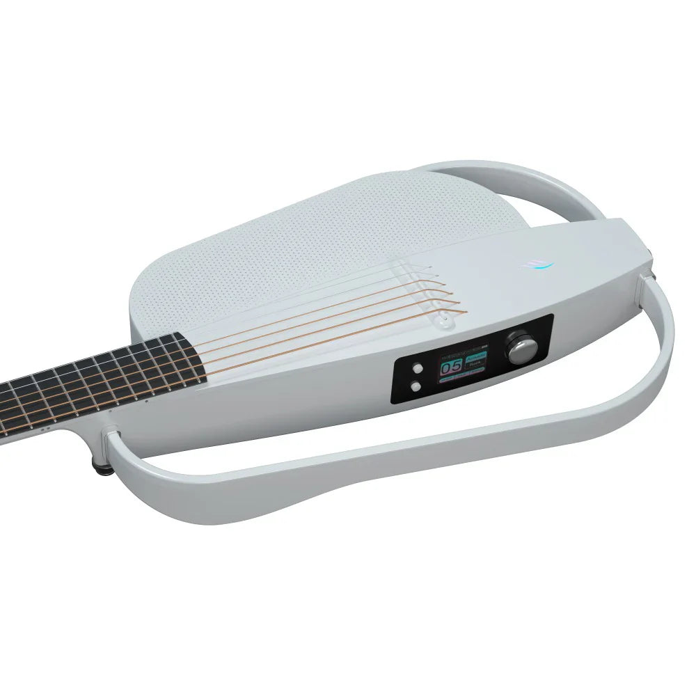 Modern white electric guitar with a minimalist frame, built-in speaker, six strings, digital display, and control knob on the body.