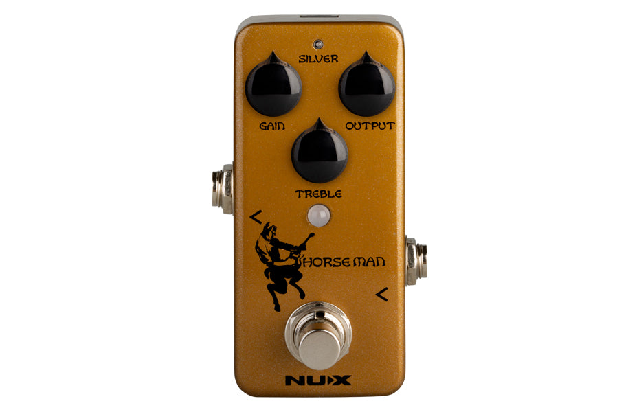 Gold NUX Horseman FX pedal with three black knobs labeled Gain, Output, and Treble, a footswitch, and a silhouette of a horseman.