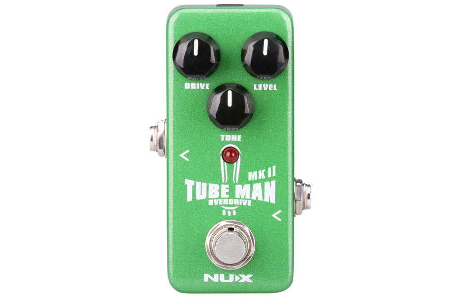 Green FX pedal with three black knobs labeled Drive, Level, and Tone, a footswitch, and a red LED above the words Tube Man Overdrive.