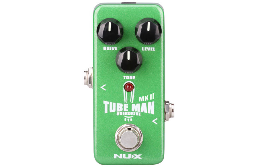 Green FX pedal with three black knobs labeled Drive, Level, and Tone, a footswitch, and a red LED above the words Tube Man Overdrive.