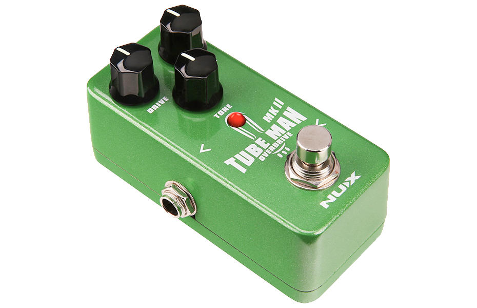 Green FX pedal labeled "TUBEMAN OVERDRIVE" with three black control knobs, a red LED, a footswitch, and an input jack on the side.
