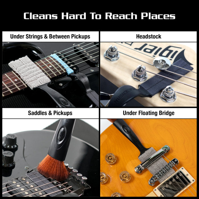 Guitar cleaning tool shown reaching under strings, pickups, headstock, and under floating bridge; also includes a brush for saddles and pickups.