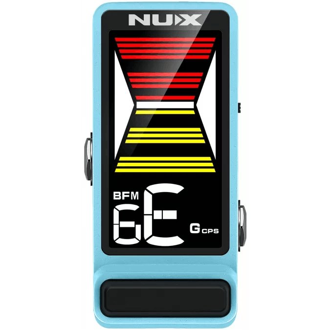 NUX FX pedal with a large digital display showing colored tuning bars and the letter G; rectangular, blue casing with a black footswitch.