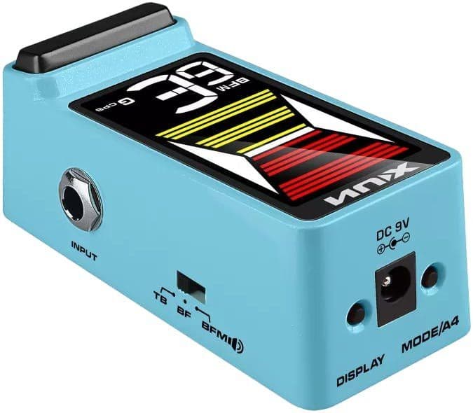 Light blue FX pedal with a large digital display showing a BPM value, input jack, power port, mode switch, and footswitch on top.