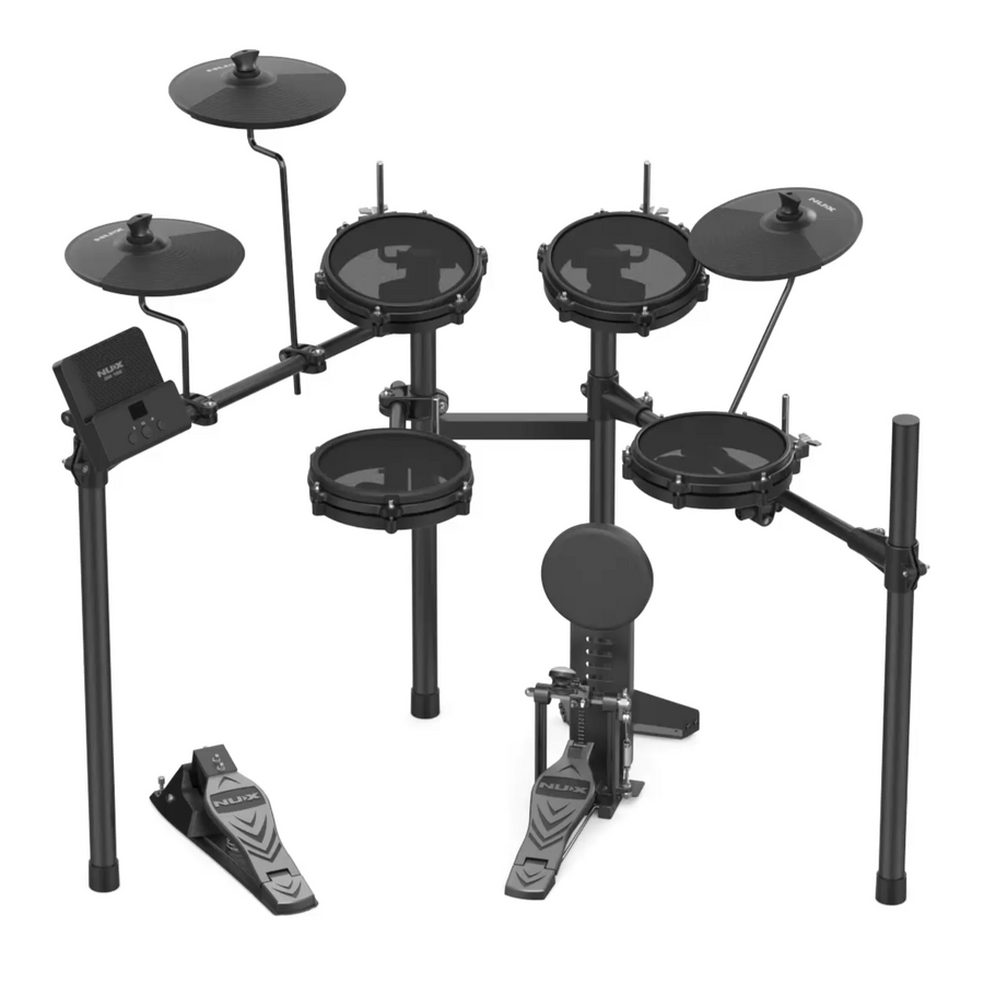 Electronic drum set with three cymbals, four drum pads, two foot pedals, and a control module, all mounted on a metal frame.