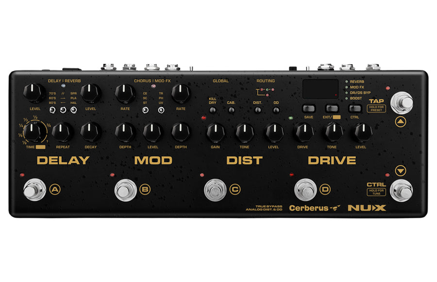 NUX Cerberus FX pedalboard has black casing, multiple knobs, four footswitches, labeled sections for delay, modulation, distortion, and drive.