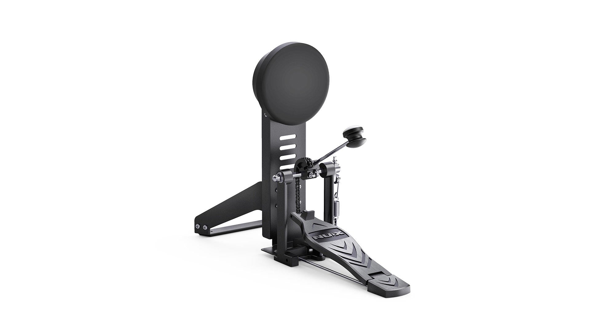 Electronic drum kick pedal with a footboard, beater, and round rubber pad mounted vertically on a black metal frame.