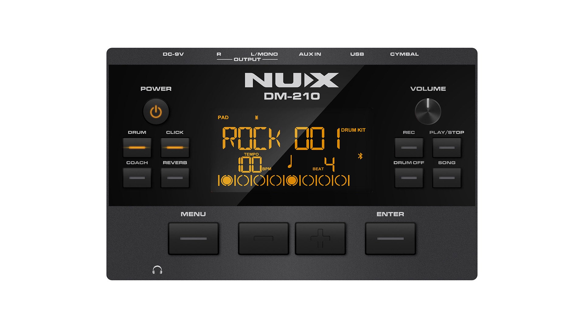 NUX DM-210 electronic drum module with LCD display showing "Rock 001," various buttons, power switch, menu, volume knob, and headphone jack.