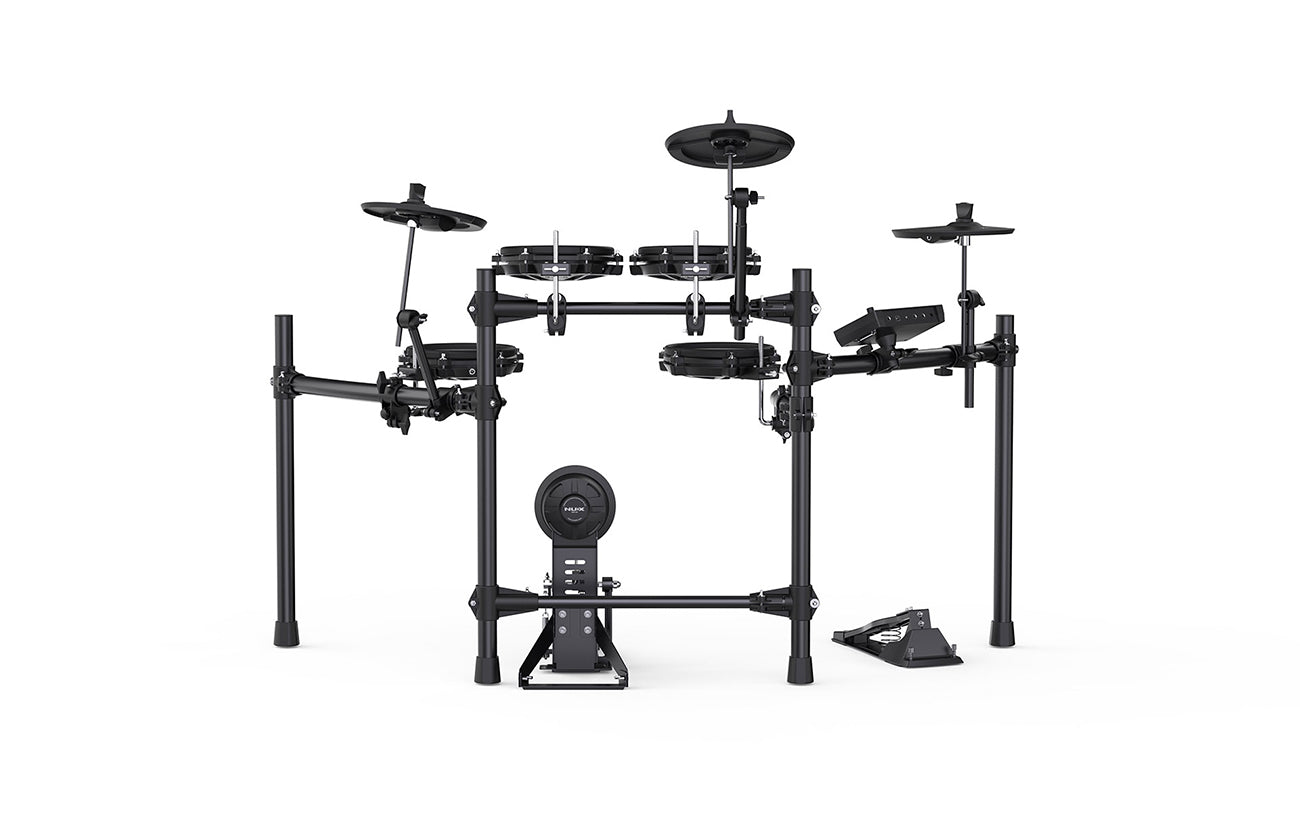 Electronic drum kit with five drum pads, three cymbal pads, kick pad, and control module, all mounted on a black metal frame.