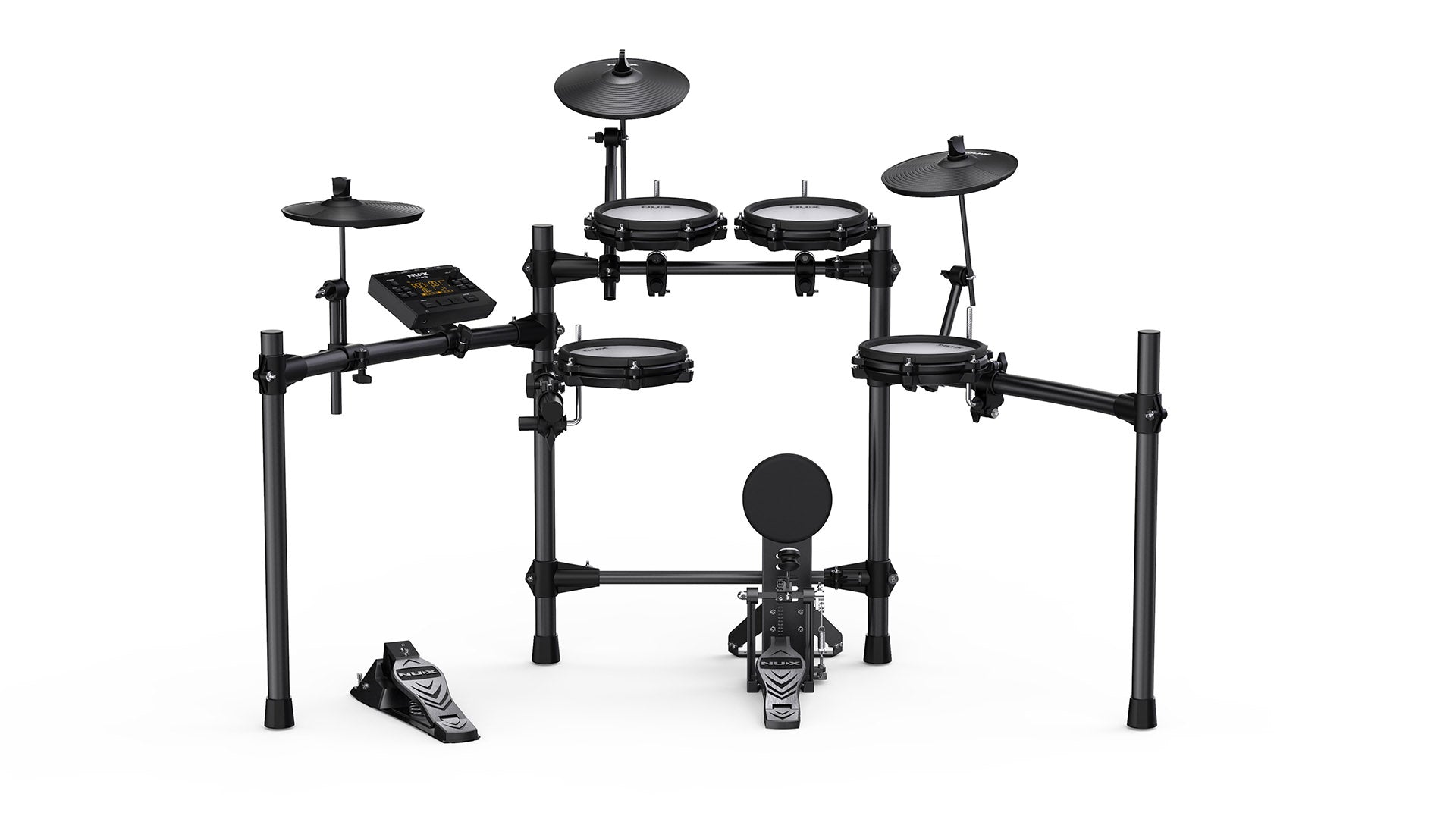 Black electronic drum kit with three drum pads, three cymbal pads, foot pedals, and a control panel mounted on a metal rack frame.