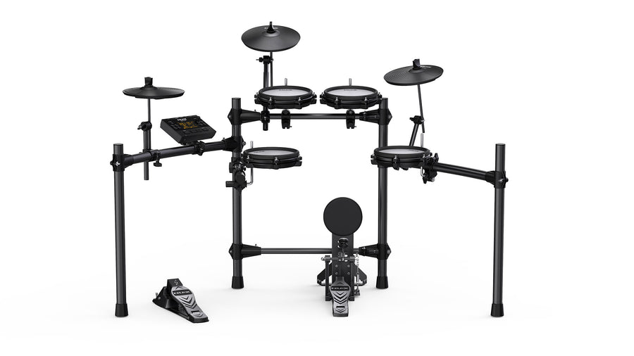 Black electronic drum kit with three drum pads, three cymbal pads, foot pedals, and a control panel mounted on a metal rack frame.