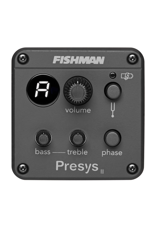 Fishman Presys II acoustic guitar preamp shows a digital tuner, volume, bass, treble, and phase knobs with labeled controls and a tuning button.