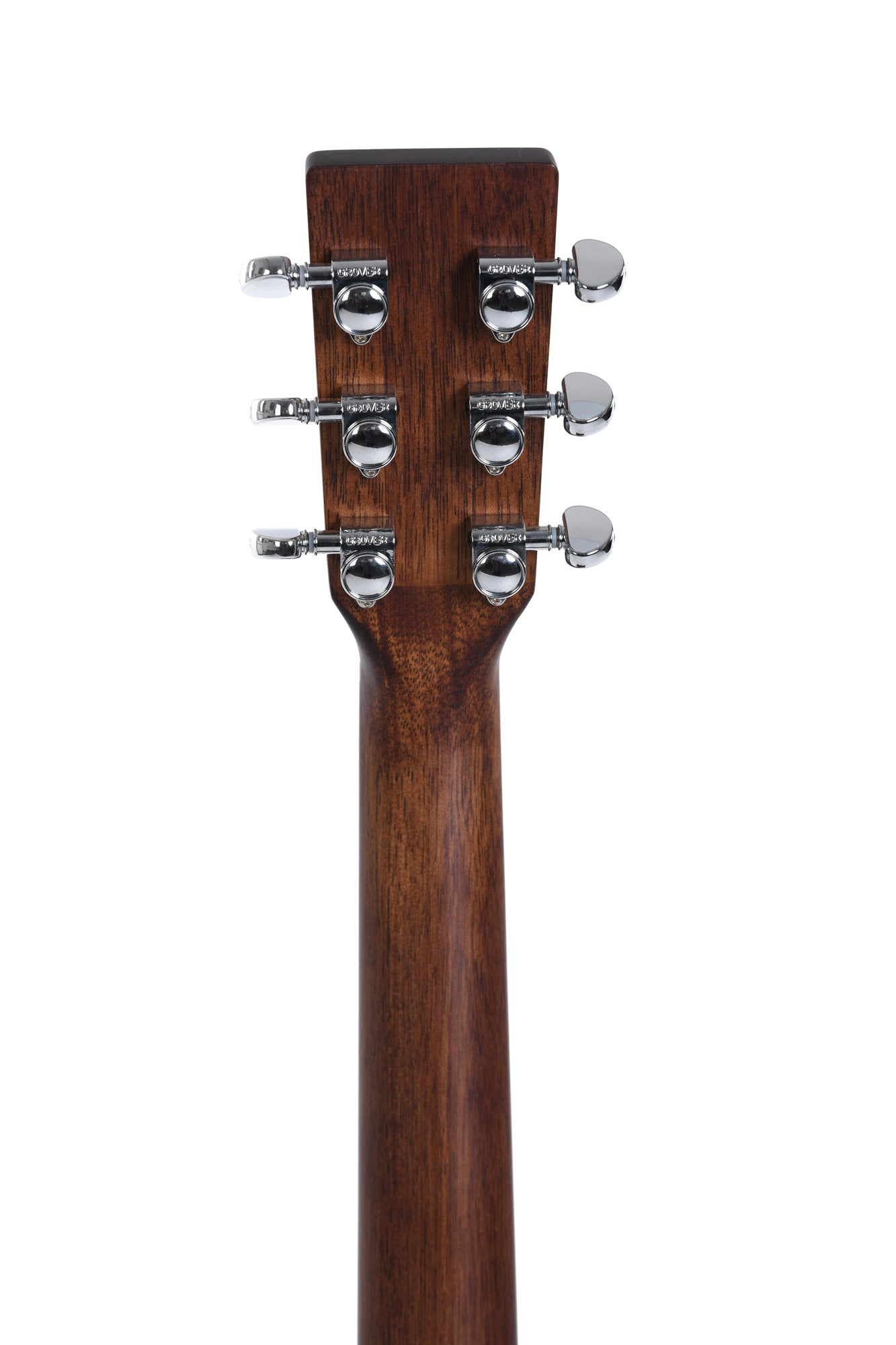 The back of a Sigma guitar headstock with six chrome tuning pegs attached to a brown wooden neck.