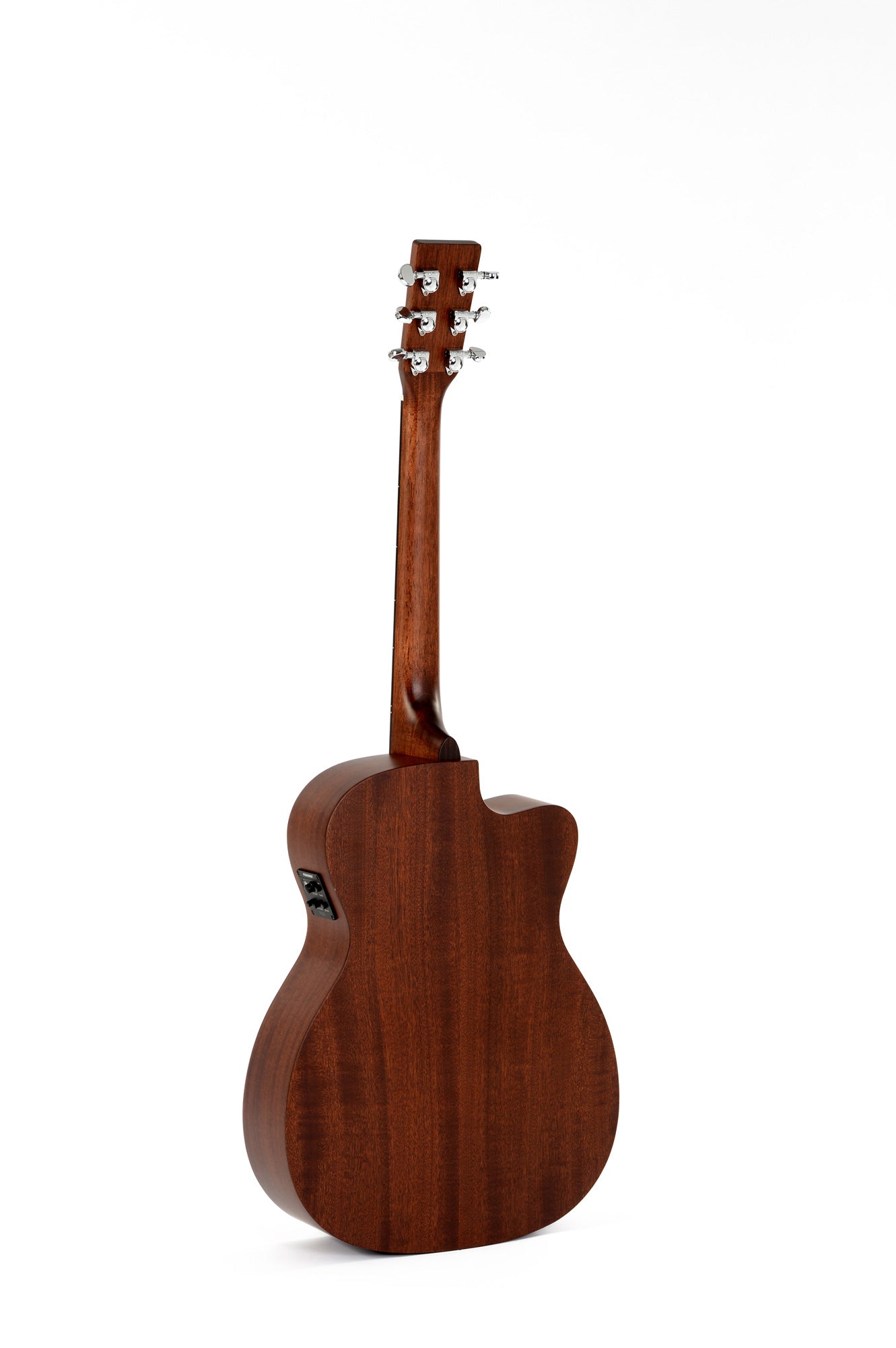 The back view of a Sigma acoustic guitar shows a rich brown wood finish, cutaway body, and chrome tuning pegs. Electronic controls are on the side.