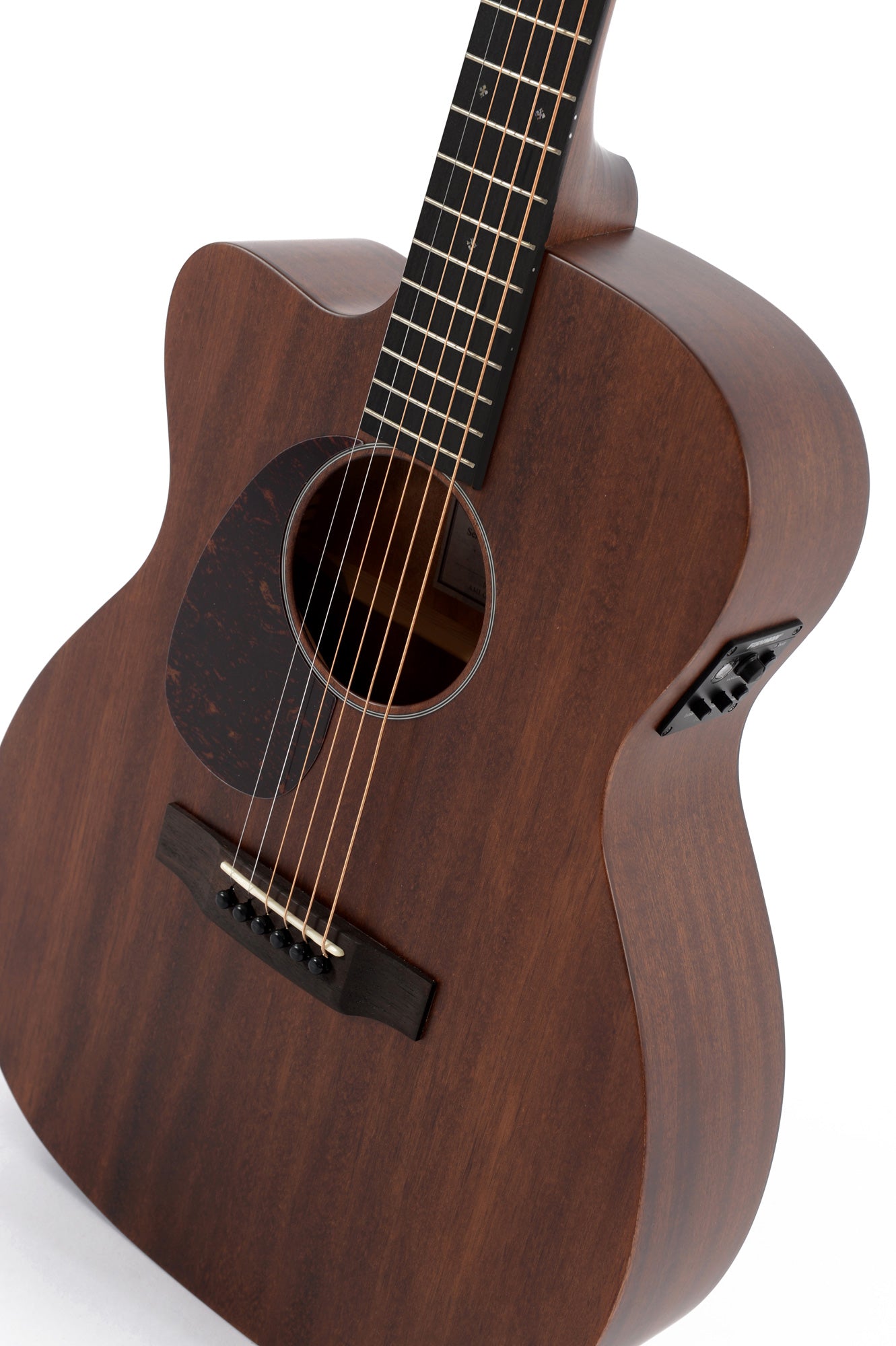 Sigma acoustic guitar with a matte dark wood finish, black pickguard, six strings, and onboard electronics panel on the upper side.