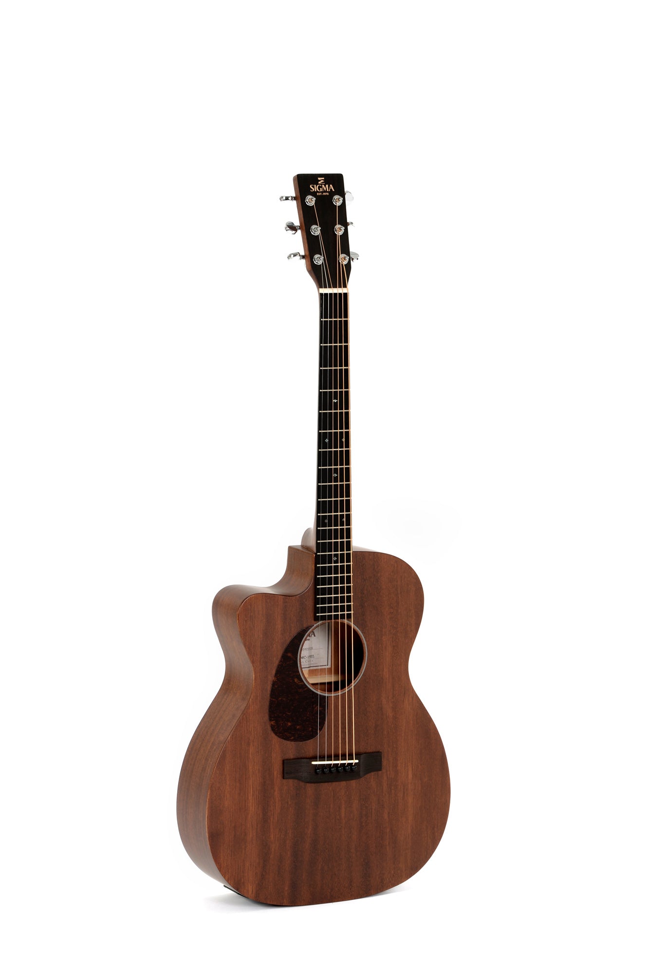 Sigma acoustic guitar with a dark natural wood finish, cutaway body, six strings, chrome tuners, and a dark pickguard.