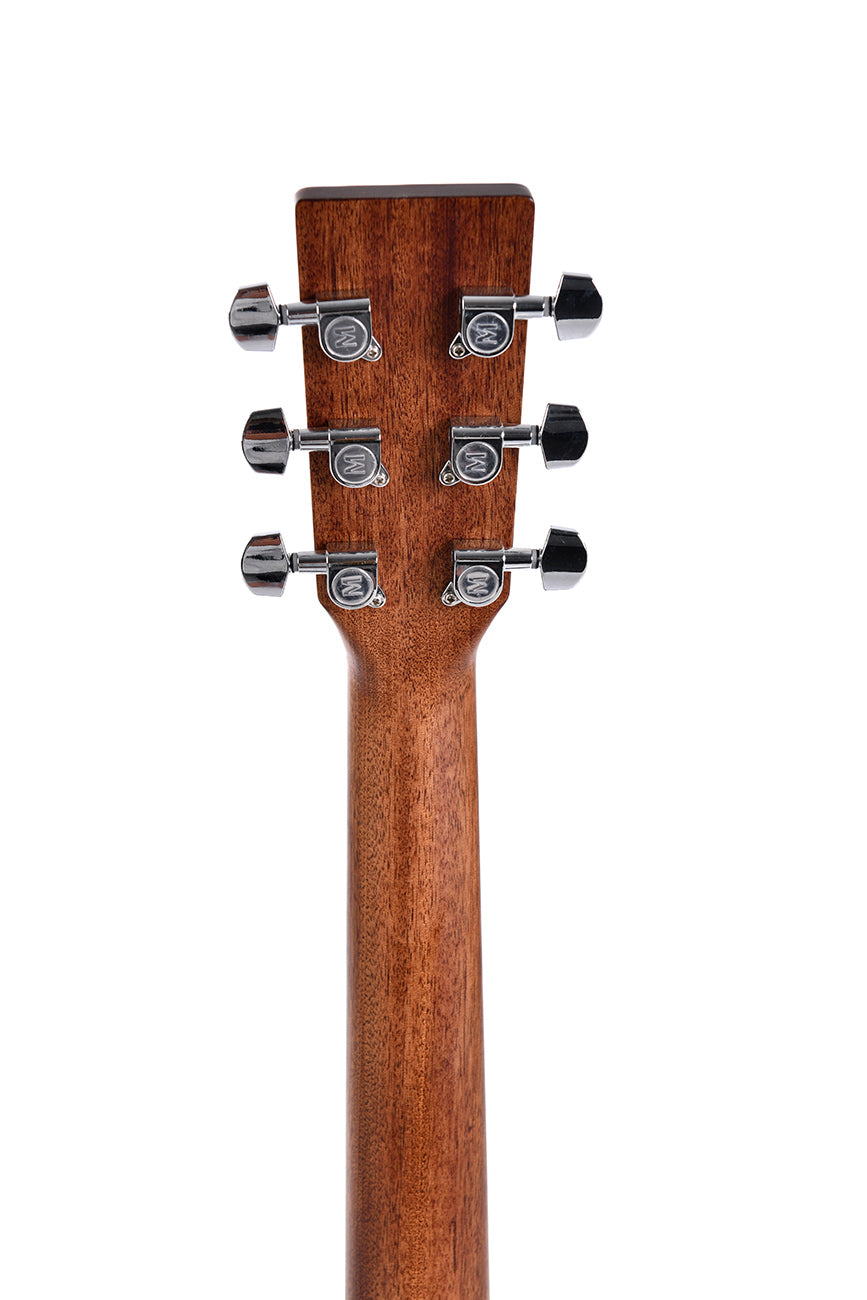 Back view of an acoustic guitar headstock showing six chrome tuning pegs on a natural wood finish neck.