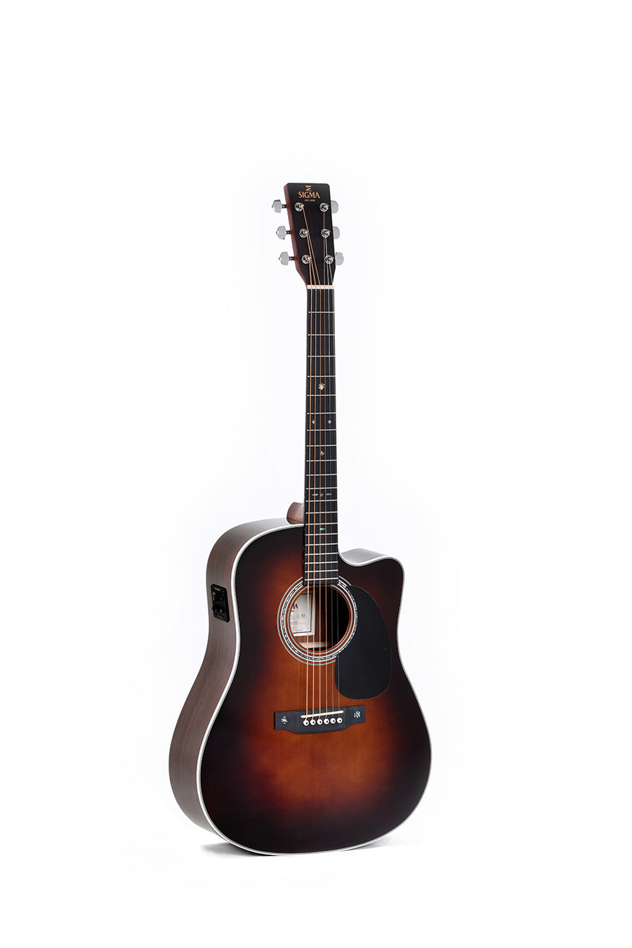Sunburst acoustic guitar with a cutaway body, six strings, dark-to-light brown finish, black pickguard, and electronic controls on the side.