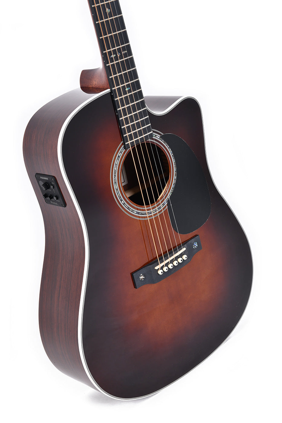 Cutaway acoustic guitar with a dark sunburst finish, white trim, six strings, black pickguard, and onboard electronics on the side.