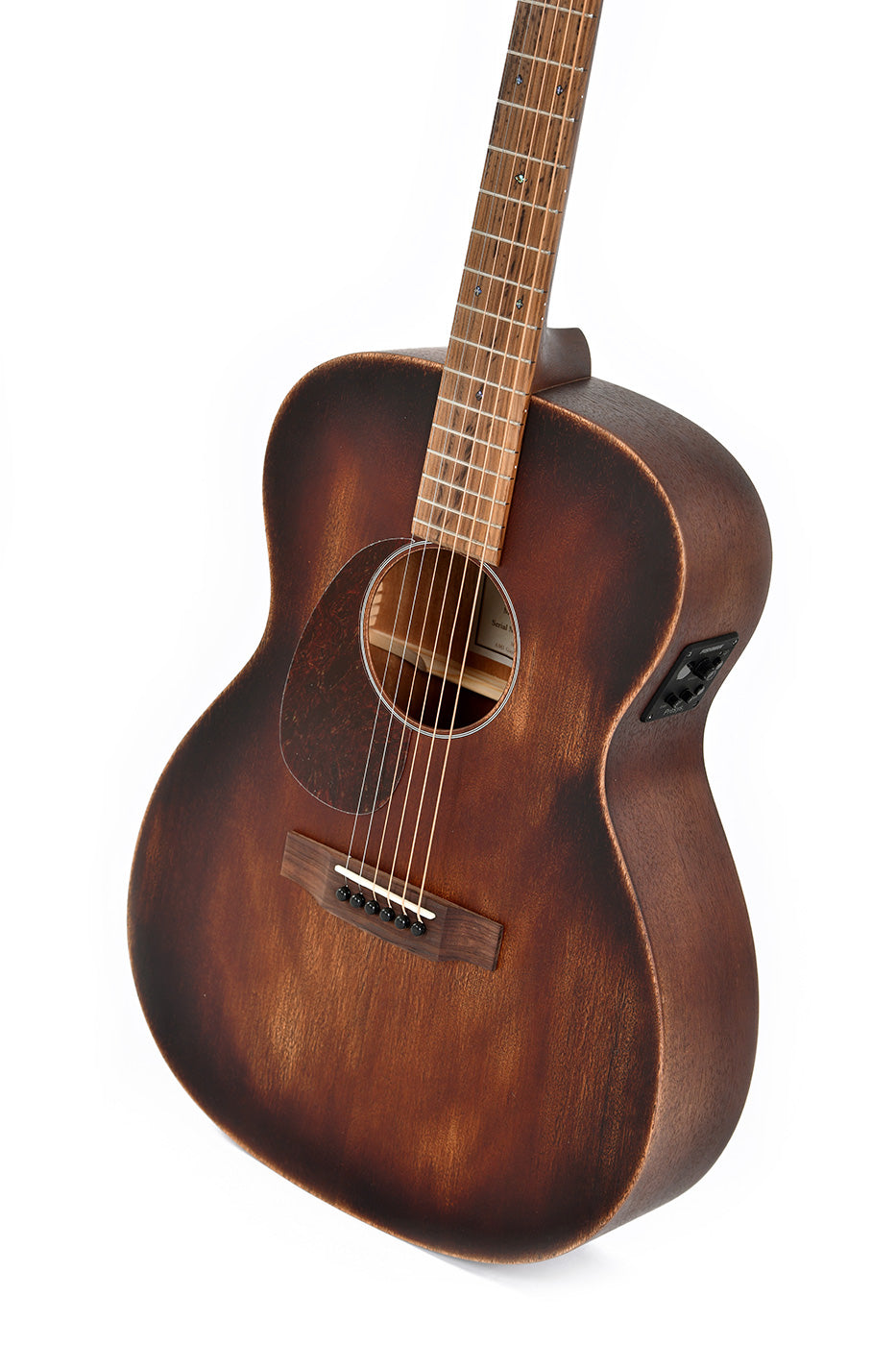 Acoustic guitar with a dark brown matte finish, visible wood grain, six strings, and a side control panel for electronic adjustment.