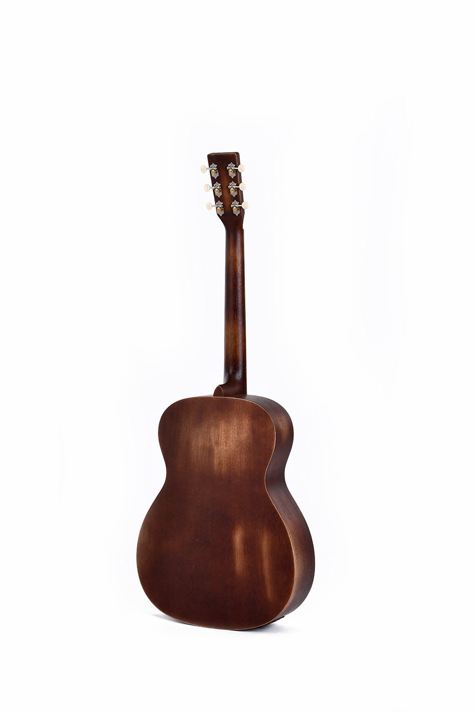 Brown acoustic guitar shown from the back, highlighting its smooth wooden body, curved shape, and six tuning pegs on the headstock.