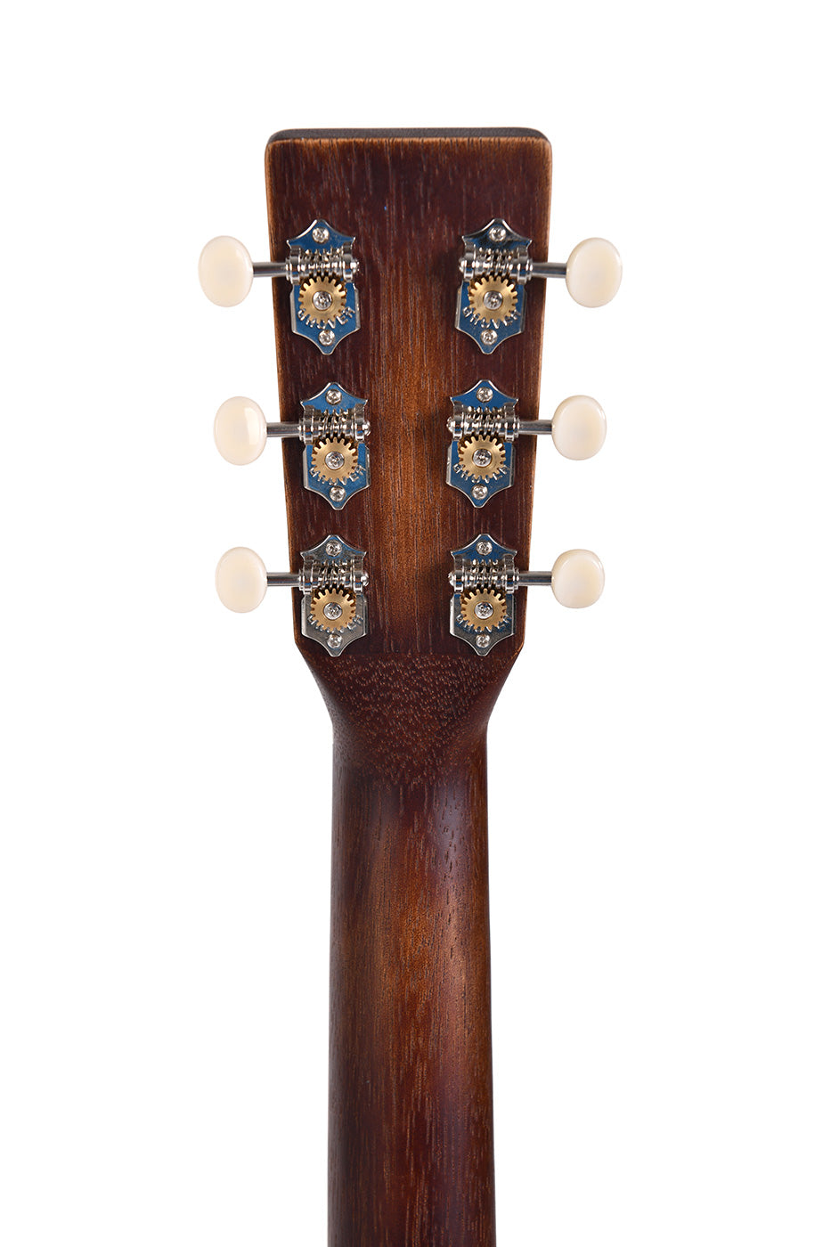 Six metal tuning pegs with cream knobs are arranged in pairs on the dark wooden headstock of an acoustic guitar, viewed from the back.