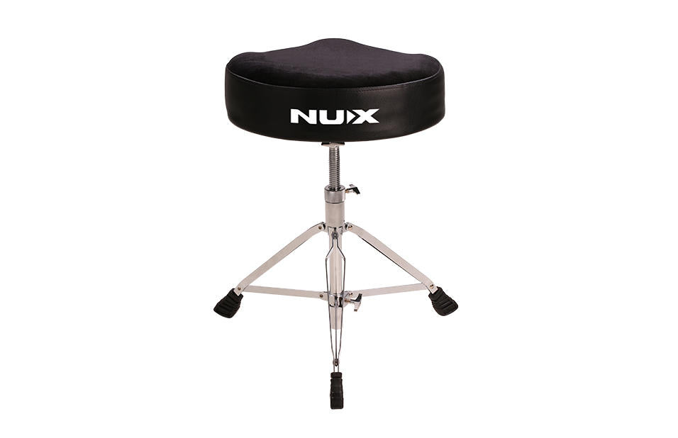 Black padded drum throne with "NUX" logo, round seat, chrome adjustable tripod base, and three rubber-capped legs for stability.