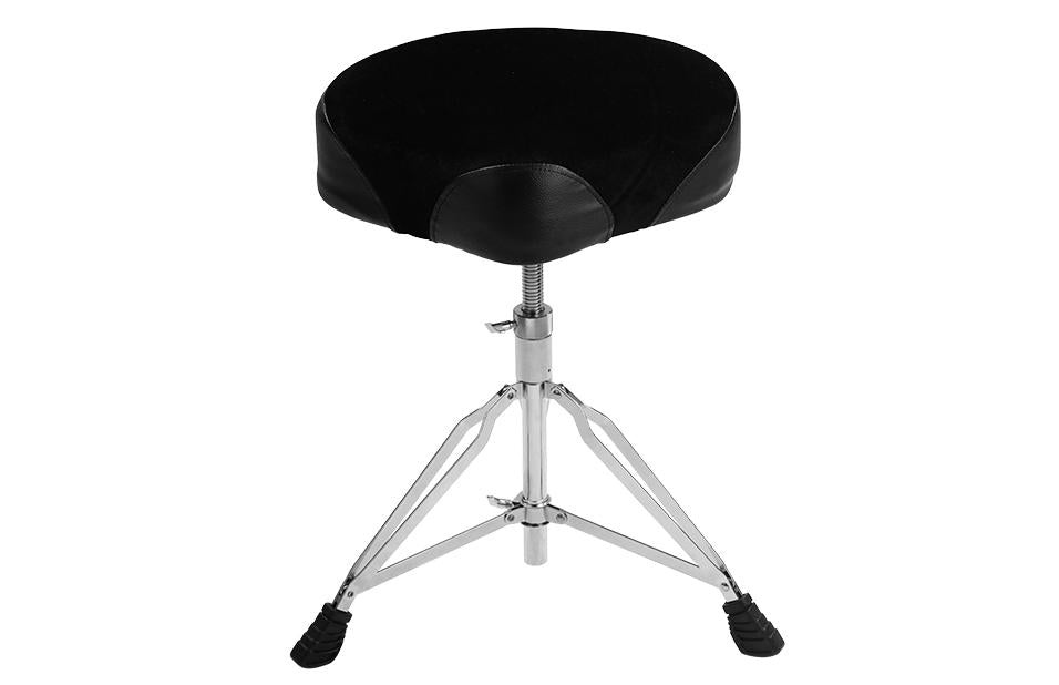 Drum throne with a black, padded, saddle-shaped seat and a height-adjustable chrome tripod base with rubber feet.