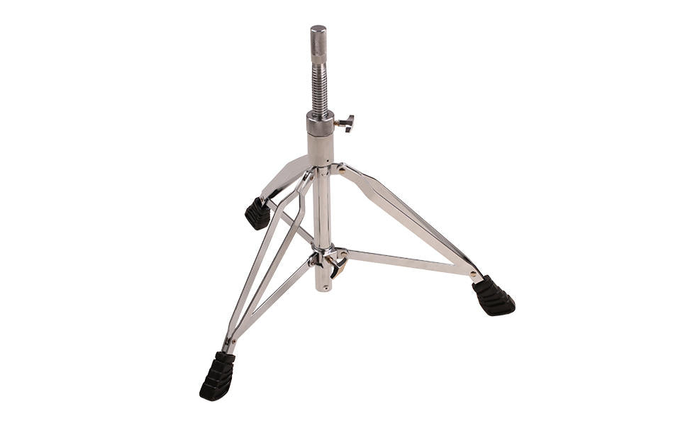 Metal drum stand with three rubber-tipped legs and an adjustable height pole, used to support drums or percussion instruments.
