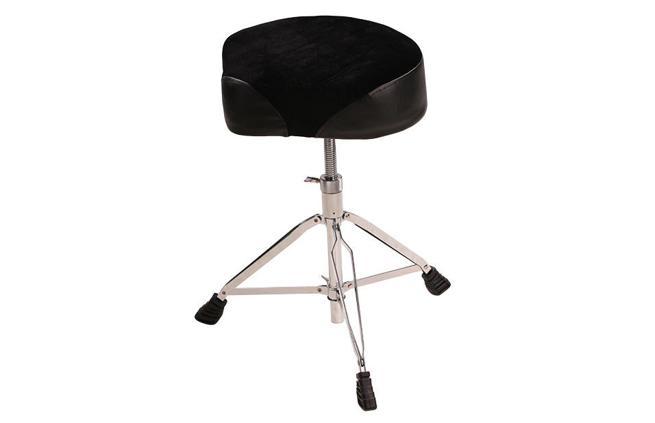 Adjustable drum throne with a black cushioned seat and three chrome legs ending in rubber feet.