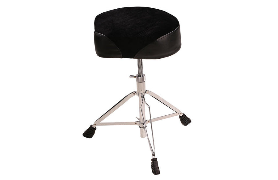 Adjustable drum throne with a black cushioned seat and three chrome legs ending in rubber feet.