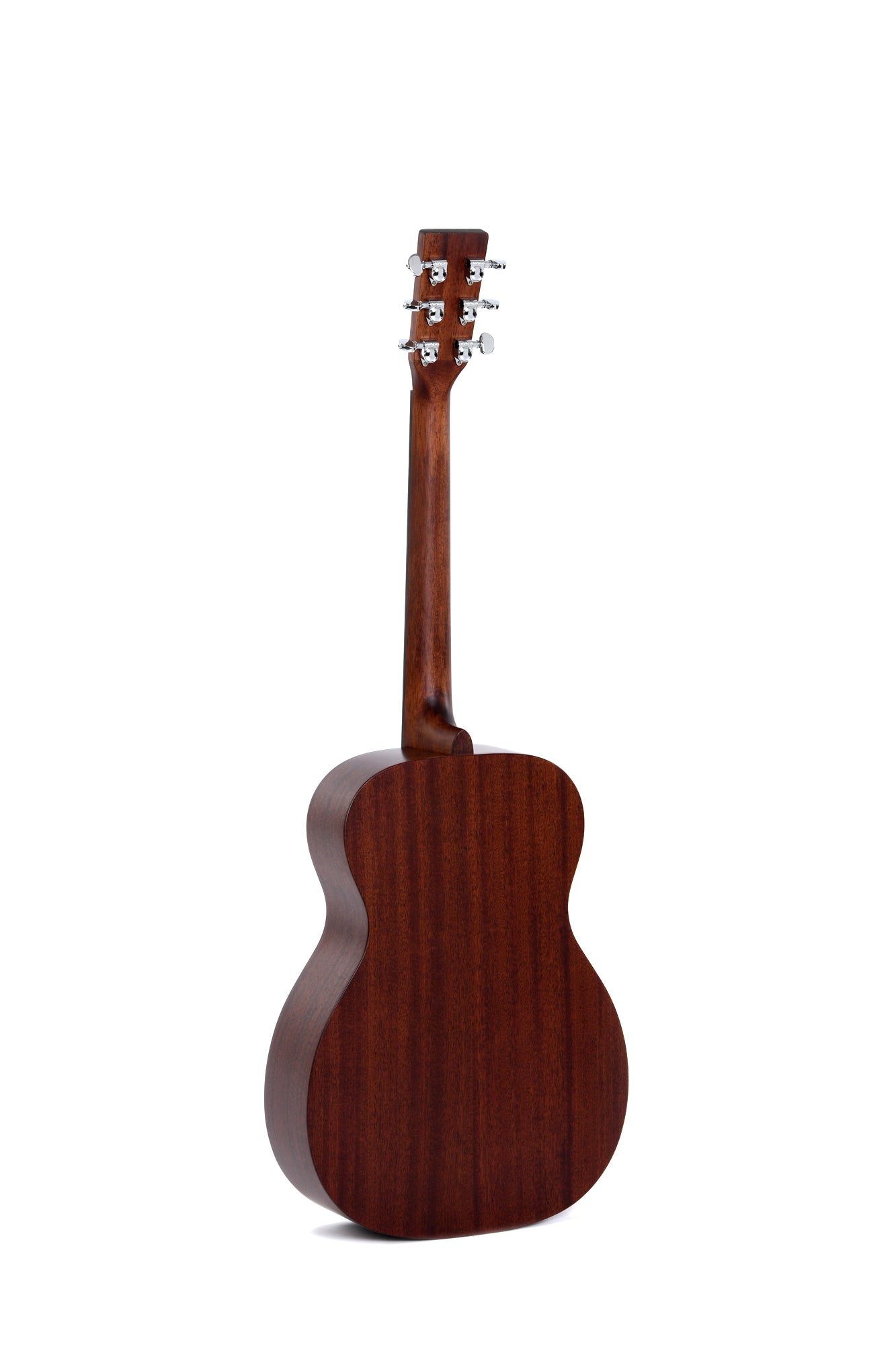 Rear view of an acoustic guitar with a smooth, dark wood finish and six chrome tuning pegs on the headstock.