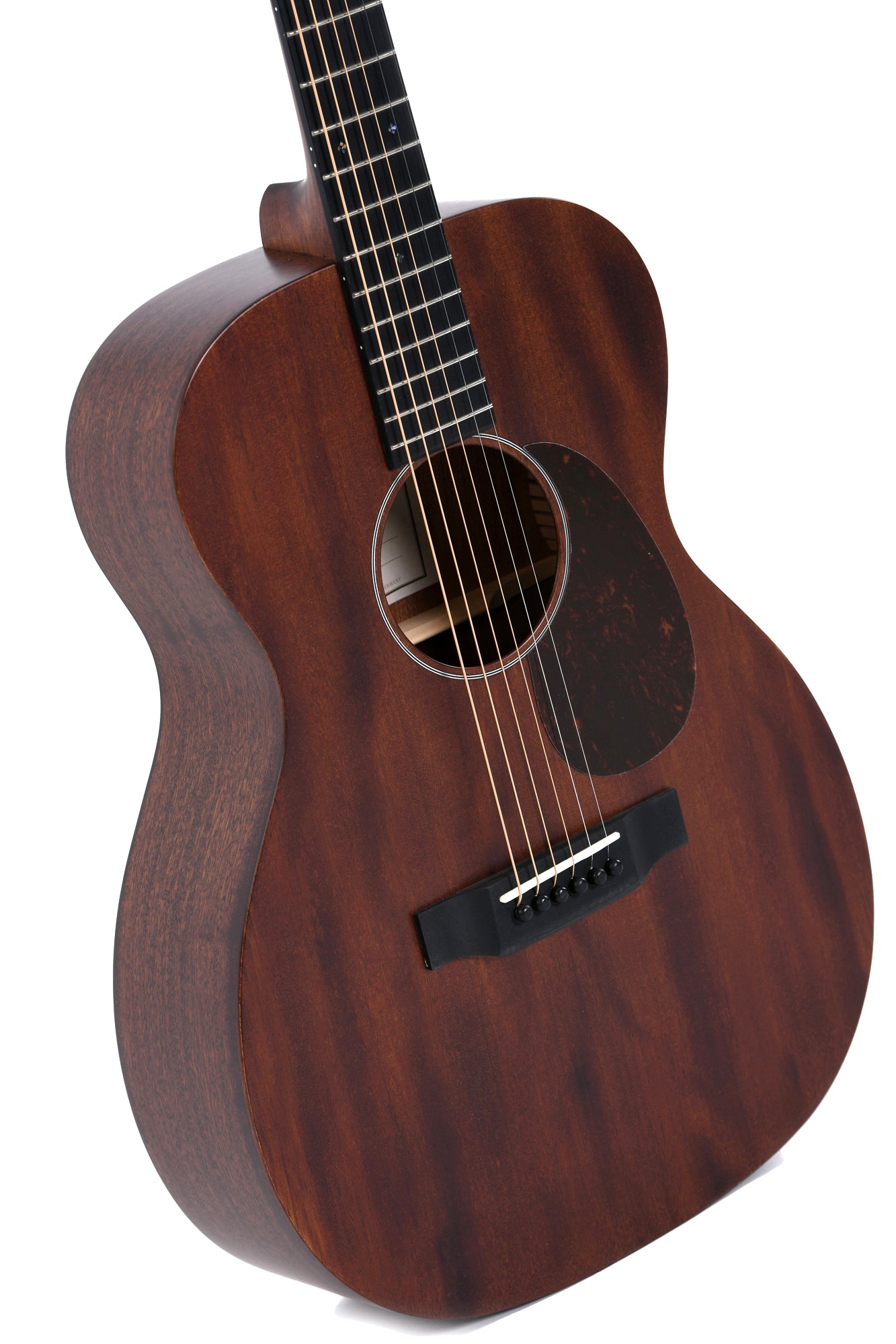 Dark brown acoustic guitar with a matte finish, six steel strings, black bridge, and a tortoiseshell-style pickguard.