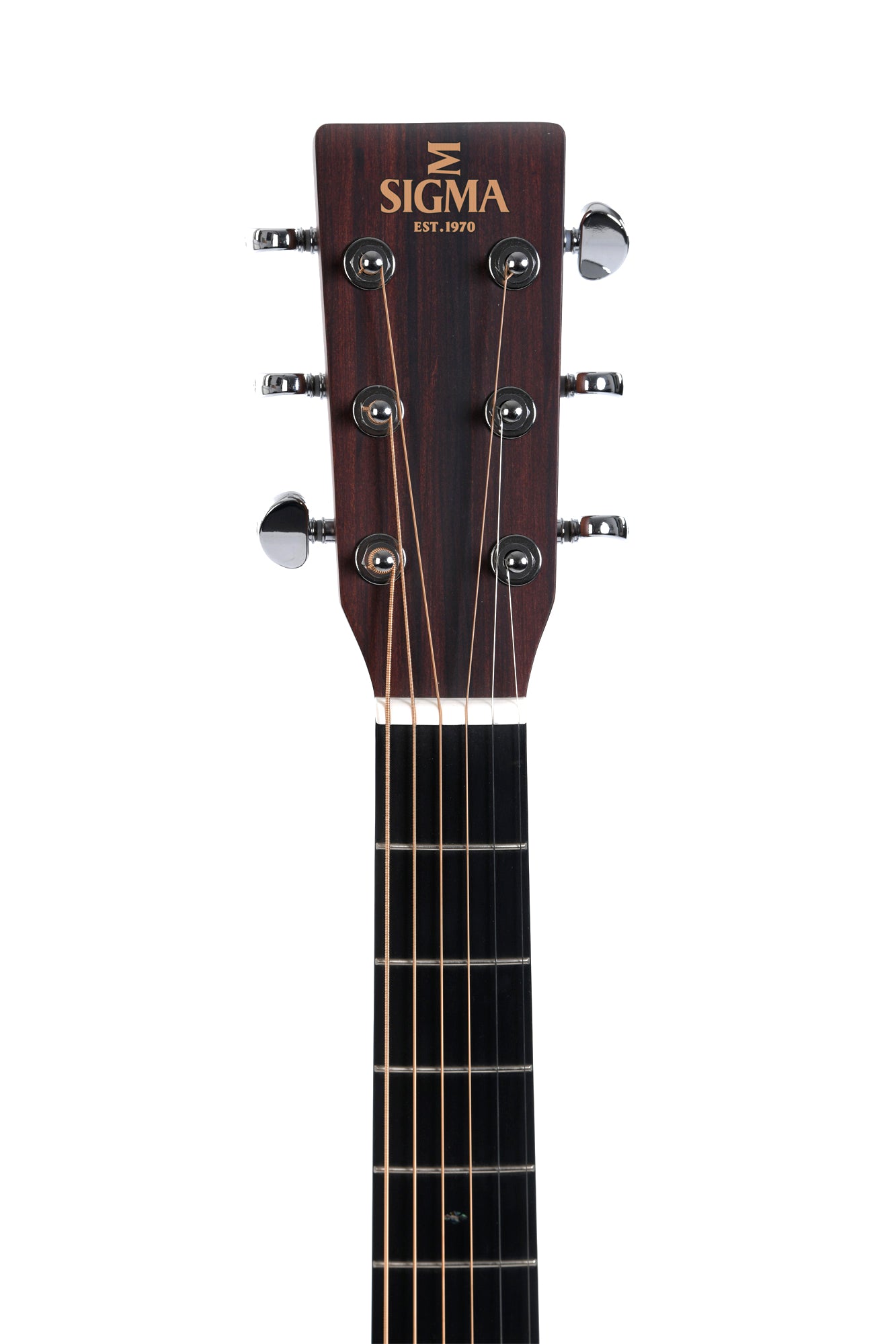 Headstock of a Sigma acoustic guitar with six tuning pegs, dark wood finish, and “SIGMA EST. 1970” in gold lettering above the fretboard.